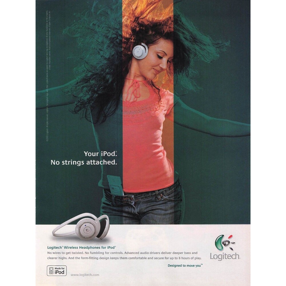 2005 logitech headphones print ad wireless Apple ipod woman dancing vintage art